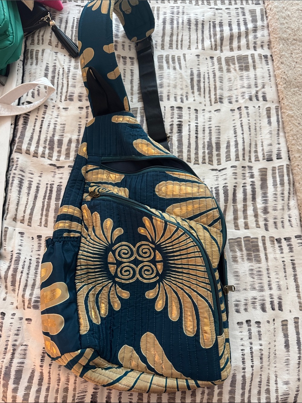 Teal Quilted Crossbody Sling Bag with Gold Floral Print